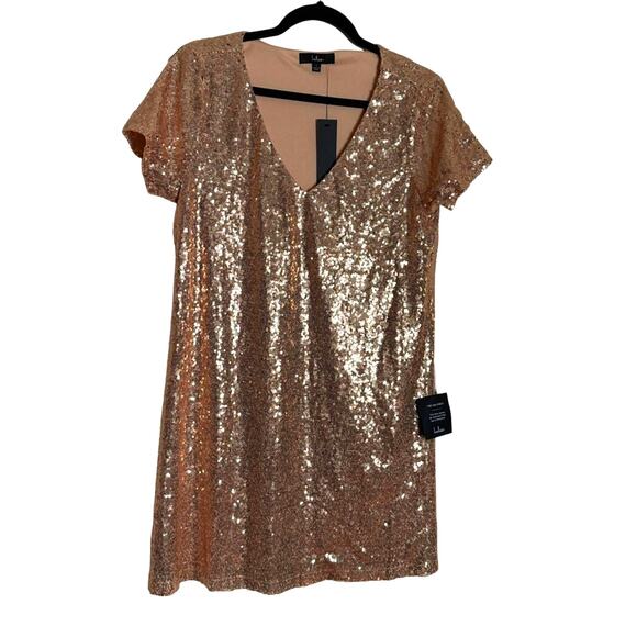 Lulus Light Up the Night Champagne Sequin Shift Dress Rose Gold Size L - Picture 3 of 4